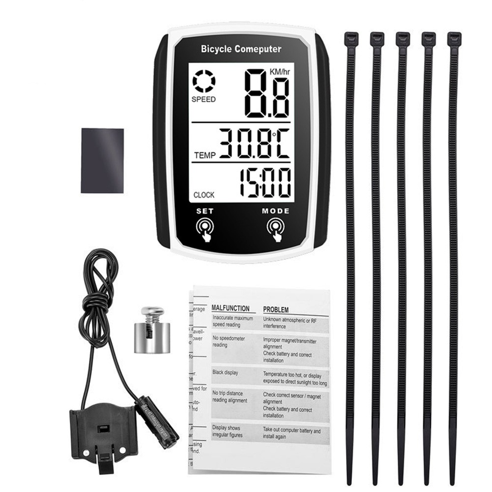 Waterproof Bicycle Wired Speedometer Bike LCD Computer Speed Odometer English White